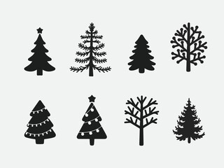 Collection of six unique black Christmas tree silhouettes with stars and decorations
