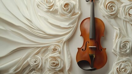 Fototapeta premium Violin placed elegantly against a clean, modern wall, with room for music-related copy or a creative concept.