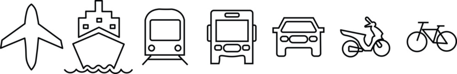 Transportation icon set. Public Transport Pictogram. Railway, Air Transportation, Car, Bus, Train, Metro, Ship, Plane Symbol Collection.