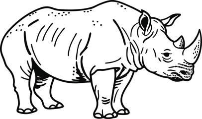 Fototapeta premium Majestic Rhino in Profile: A detailed black and white illustration of a rhinoceros. This image captures the animal's powerful presence, emphasizing its horn and textured hide. 