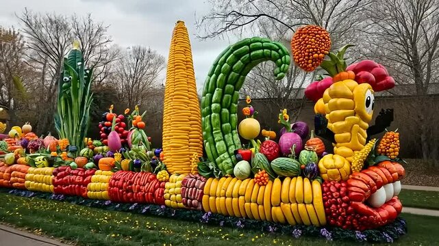 Colorful and whimsical vegetable parade float resembling a giant caterpillar in a park setting