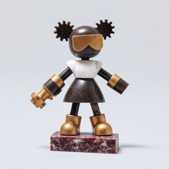 Steampunk knight girl figure with gears and brass armor, mechanical base stand