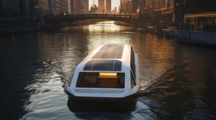 Solar-Powered Boat on Chicago River at Sunset