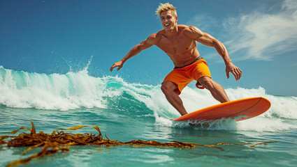 A fit surfer skillfully rides a wave on his surfboard, enjoying the sunny beach day.