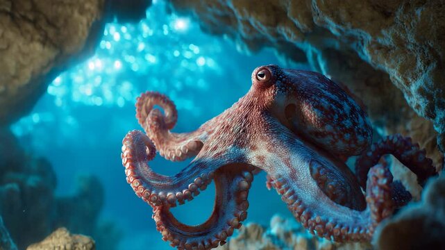Reddish brown octopus in an underwater cave, illuminated by bright blue light, coral visible in background. Ocean scene with vibrant colors and textures.