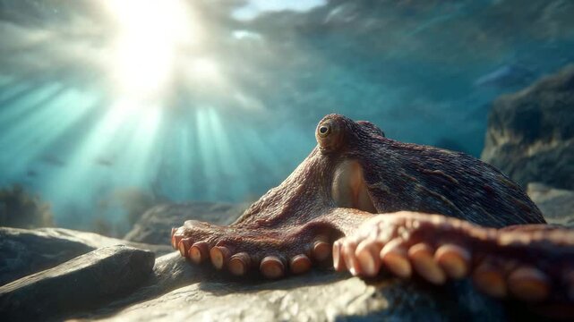 Underwater shot of an octopus resting on rocks, sunbeams filtering through the water above, other fish visible in the background. 