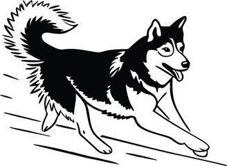 Energetic Husky in Motion: A dynamic black and white illustration captures a Siberian husky bounding with pure exuberance, a testament to the breed's spirited nature and zest for life.