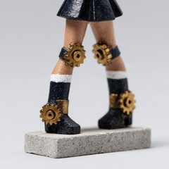 Steampunk knight girl figure with gears and brass armor, mechanical base stand