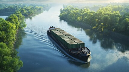Cargo Ship Navigating a Lush River