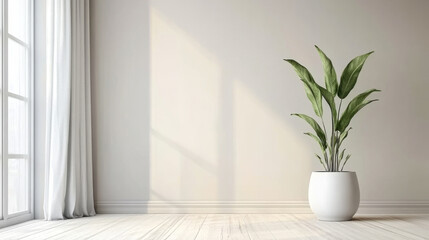 empty room interior background, beige wall, pot with plant