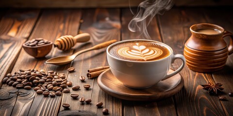 Aromatic Coffee Latte with Exquisite Milk Foam Art Served on Rustic Wooden Table
