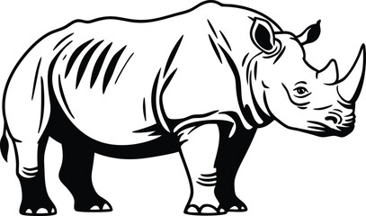 Fototapeta premium Robust Rhino Silhouette: A striking black and white illustration captures the imposing form of a rhinoceros, highlighting its strength, resilience, and unique horn.
