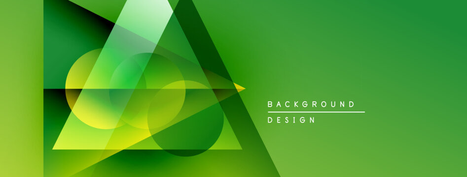 Abstract green design features overlapping geometric shapes, gradients, modern aesthetic. Simple text reads background design.