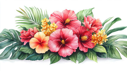 Elegant watercolor botanical illustration of assorted flowers and leaves, including roses, ranunculus, hibiscus, hyacinth, chrysanthemum, and palm leaf. Hand-painted style on a white background.