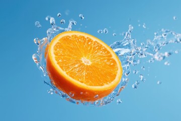 Splashing orange segment creates dynamic freeze frame with clear water droplets. Bright blue background enhances freshness. Concept of beverage, fruit marketing, healthy lifestyle