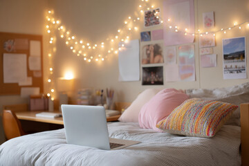 Cozy college dorm room with laptop on bed and warm string lights