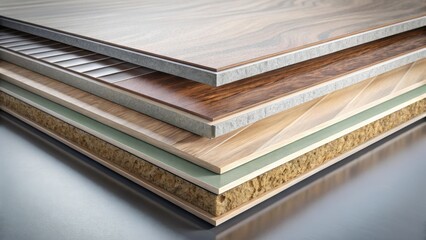 Layered Composite Material Cross-Section Displaying Various Textures and Finishes for Construction and Design Applications