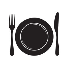 Cutlery silhouettes vector. Plate, fork, and knife icons isolated on white background