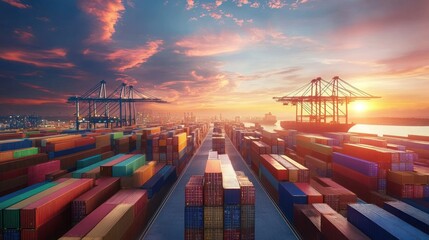 Global Trade and Shipping at Sunset: A Panoramic View of Container Port Activity