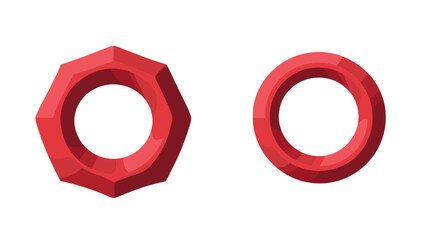 Two Red Nuts in Isometric Design with Hexagonal and Circular Shapes on White Background