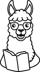 A friendly llama wearing glasses reading a book in simple black and white illustration