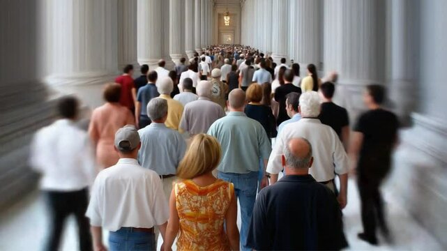 Following the Crowd: A multitude of individuals traverses a grand hall lined with columns, their collective movement symbolizing unity and shared purpose.
