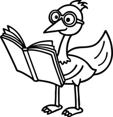 A smart bird wearing glasses reading a book educational cartoon illustration