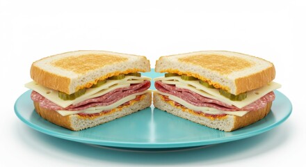 Toasted Sandwich Sliced on a Blue Plate with Salami Cheese and Pickles