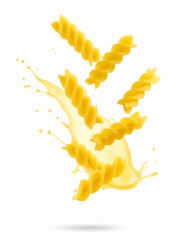 Flying rigatoni pasta with cheese and cream splash on white background