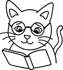 Adorable cartoon cat wearing glasses reads a book depicting knowledge and literacy