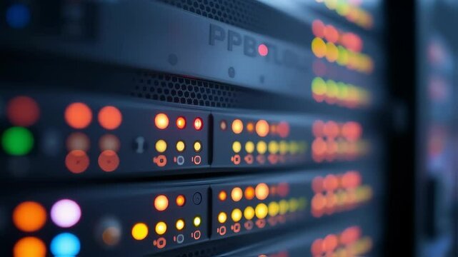 Data center servers array with flashing LED lights for network infrastructure