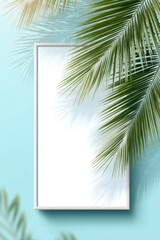 Bright cardboard frame held by palms against a lively tropical background in a sunny setting