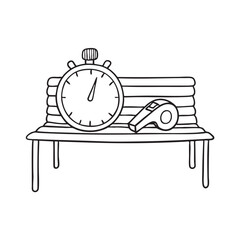 A timer beside a whistle on a football field bench