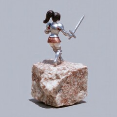 Female knight with long ponytail and shining silver blade, displayed on rocky platform