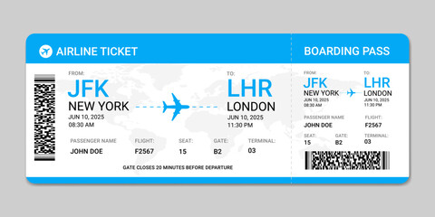 Boarding pass template. Airline ticket boarding pass isolated on white background. Blue airplane ticket design. Air travel concept illustration