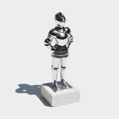 Realistic 3D figure of heroic female knight, embossed armor, mounted on engraved plinth