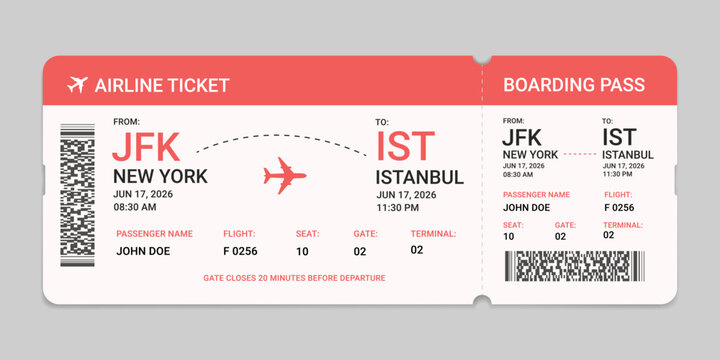 Realistic boarding pass plane ticket template. Flight boarding pass vector illustration. Blank airplane ticket isolated