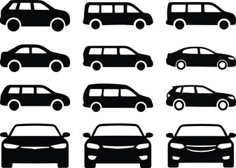Collection of twelve black car silhouettes front, side, and rear views in vector style. Car auto vehicle transport silhouette type design.