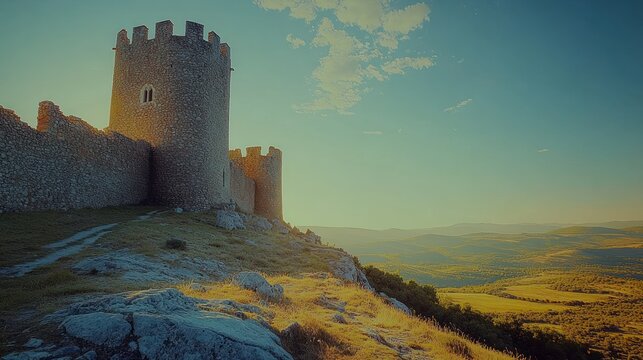Ancient stone castle on hilltop overlooking valley at sunset