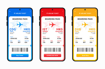 Mobile app airline ticket design with destinations, Booking options, and Boarding pass. 