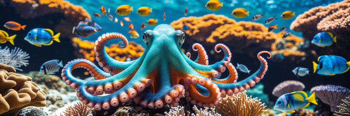 An elegant octopus swims gracefully among colorful fish and coral in a vibrant ocean scene.