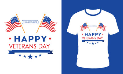 Happy veterans day graphic with flags and stars on a white background and on a white t shirt