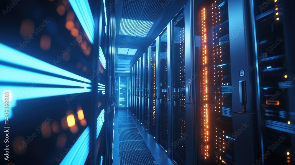 Poster Advanced data center with glowing server racks in blue and orange, featuring metallic interior and tech-focused lighting. Great for cloud systems, AI, and secure infrastructure themes