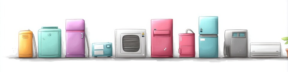 Whimsical artistic illustration of colorful broken air conditioners designed with unique patterns and playful styles