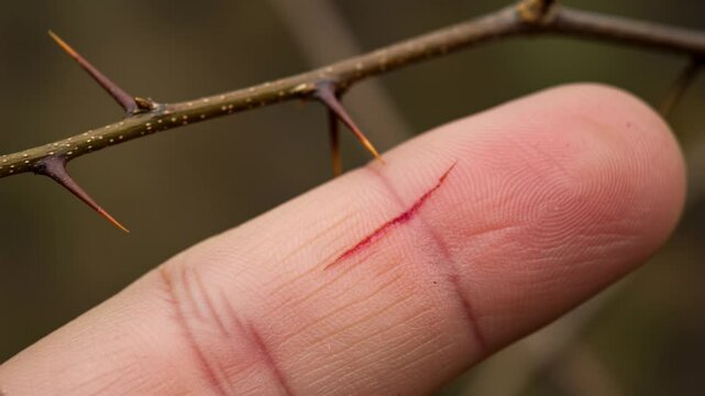 Scratch from thorn on finger with slight bleeding outdoors  
