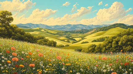 Idyllic Tuscan countryside vista with vibrant wildflower meadow and rolling hills