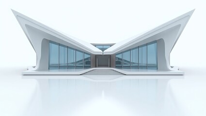 Modern architectural design of a futuristic white building featuring large glass windows and sleek geometric forms