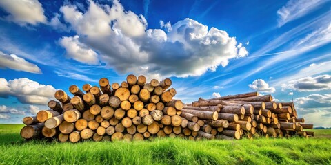Stacks of Wooden Logs in a Lush Green Meadow Under a Vivid Blue Sky with Fluffy White Clouds