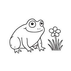 Fototapeta premium A toad crouched beside a small flower in the grass
