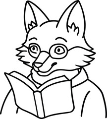 Cartoon fox wearing glasses reading a book black and white illustration for education and literacy
